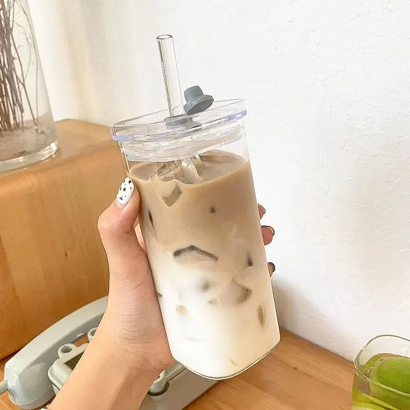 Coffee Glass Cup With Lid and Straw