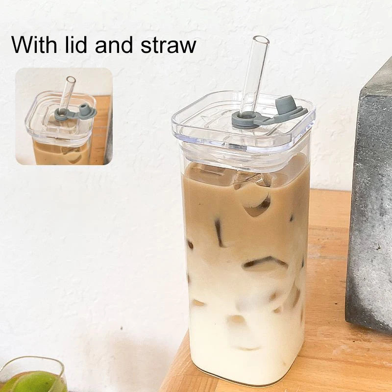 Coffee Glass Cup With Lid and Straw