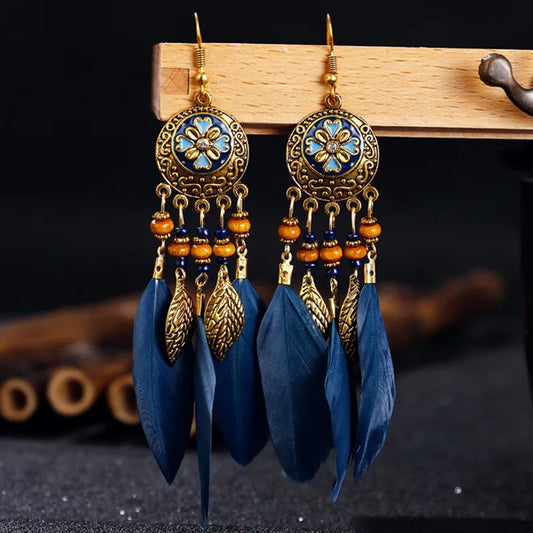 Bohemian Vintage Feather Long Earrings