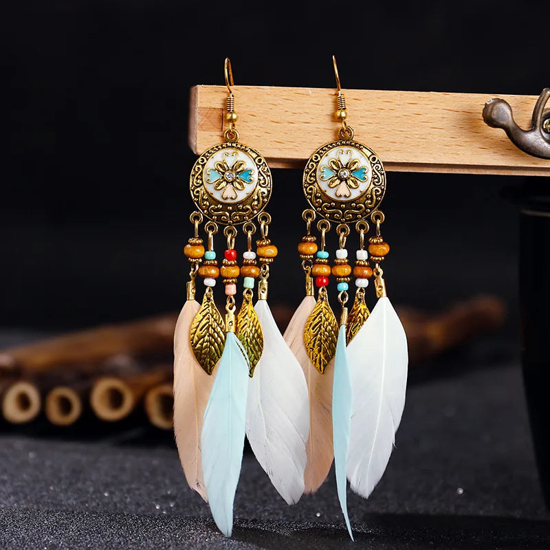 Bohemian Vintage Feather Long Earrings