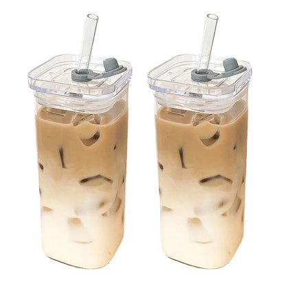 Coffee Glass Cup With Lid and Straw